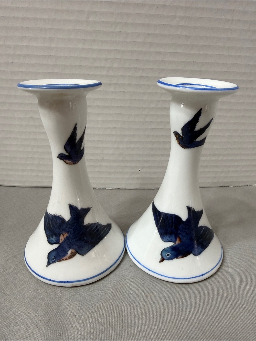 Antique Victoria Austria Blue Bird White Porcelain Candle Holders with Blue Trim
